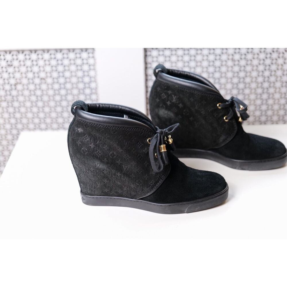 Louis Vuitton Black Suede Leather Wedge Monogram Embossed Booties (IT 40, US 10) - Picture 2 of 9